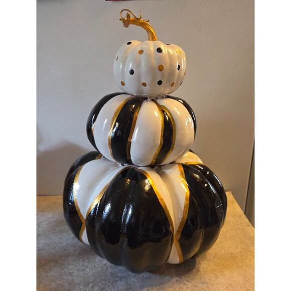 Stacked Black & White Check Pumpkin Decor Fall Thanksgiving 14" Upcycled - Picture 3 of 10